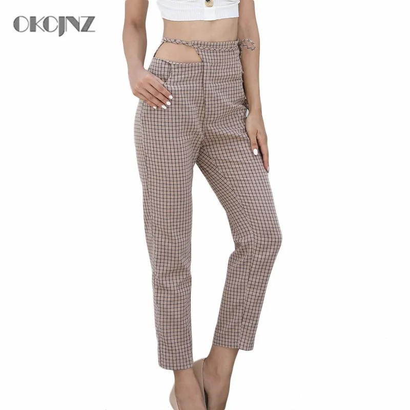 

2019 Summer Plaid Pants Women High Waist Ankle-Length Bottoms Hollow Out Haren Trousers OL Office Streetwear Harajuku Okq168