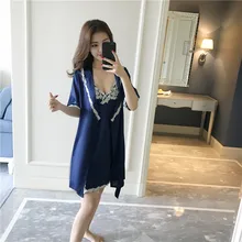 Элегантный женский Шелковый ночной халат набор кружевной халат и Мини Ночное платье Половина рукава одежда для сна для женщин комплект Lingeries