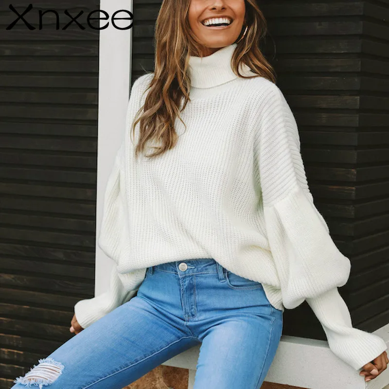 Xnxee Turtleneck red winter sweater women knit Lantern sleeve white sweater female Loose oversized pullover knitted jumper