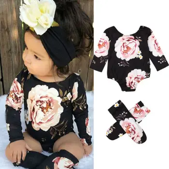 

2PCS Newborn Baby Girl Floral Clothes Long Sleeve Romper Socks Cotton Outfit Set 2PCS 0-18M