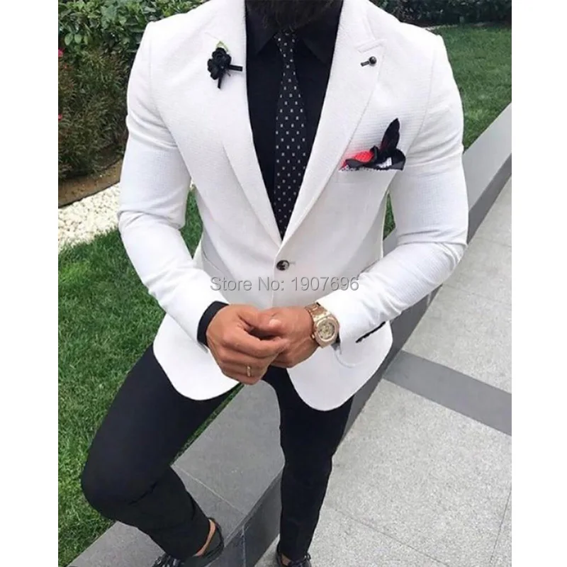 

White Wedding Suit for Men Tuxedo Two Pieces Male Set Jacket Black Pants 2019 Peaked Lapel Slim Fit Man Clothes Dress