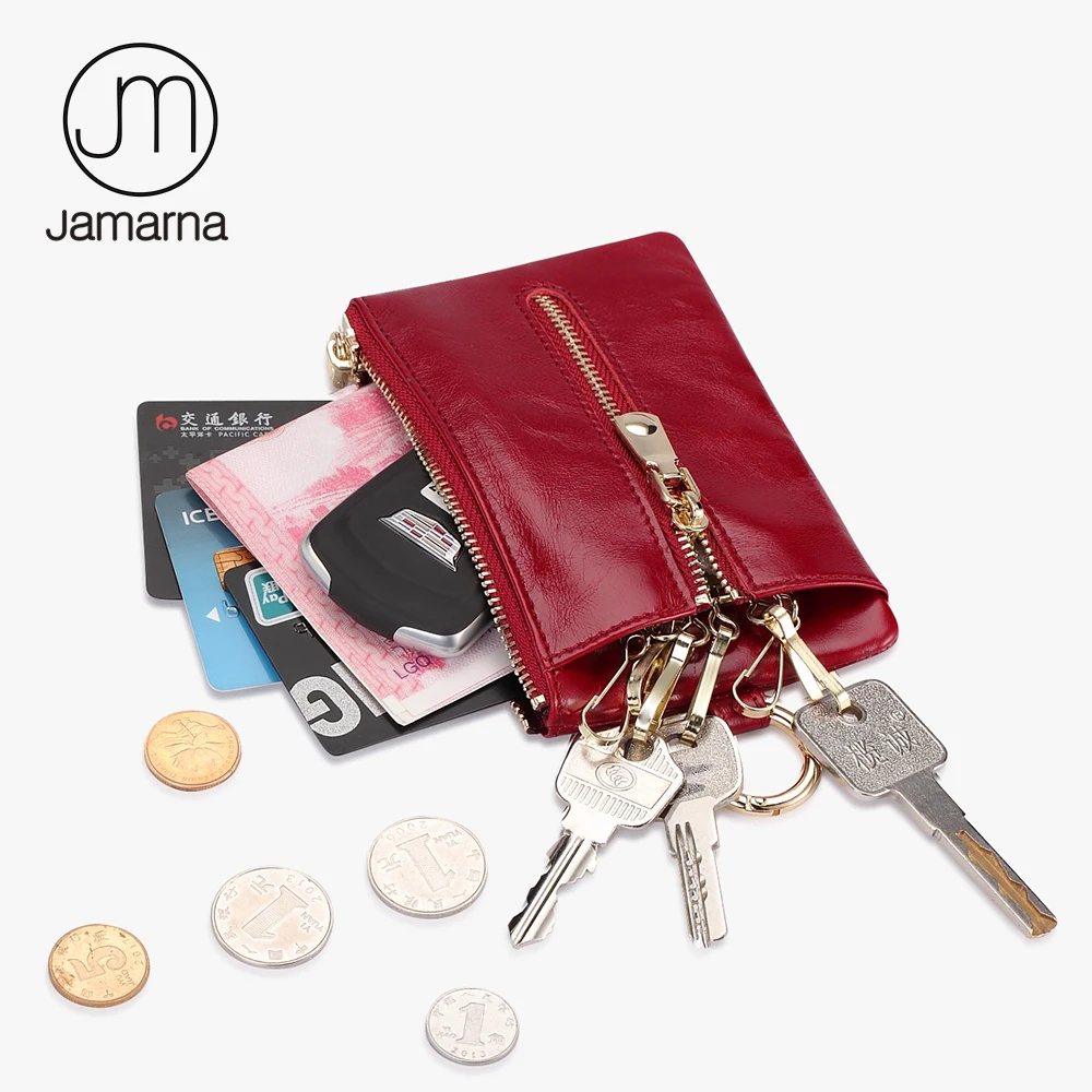 

Jamarna Key Holder Genuine Leather Oil Wax Housekeeper Cowhide Key Wallet Zipper 6 Key Rings Car Key Bag Coin Purse Unisex