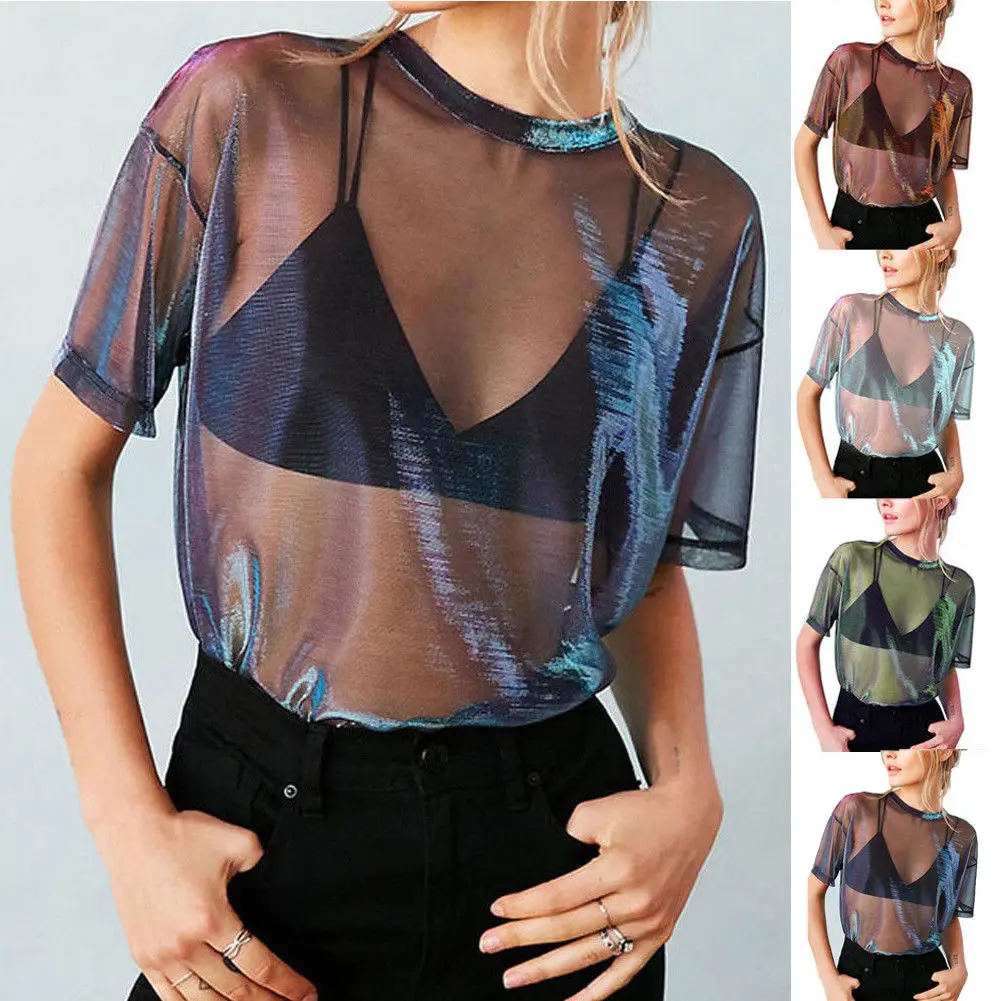

Summer B-ling Transparent T Shirt Women Sheer Short Sleeve Mesh Top Tshirt Party Shirts Casual Loose Fashion T Shirt Women S-XL