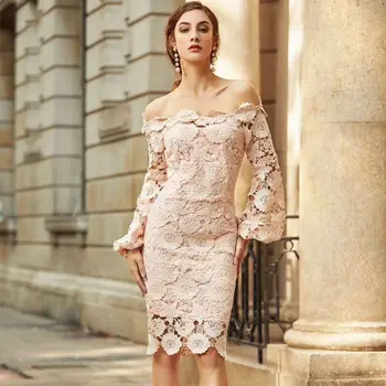 

Top Quality Khaki Long Sleeve Lace Slash Neck Rayon Bandage Dress Elegant Evening Party Dress