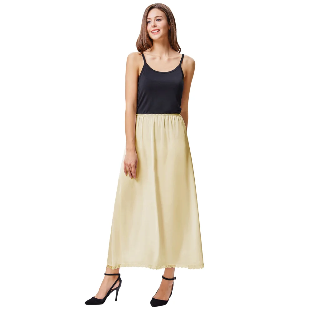 

KK Women Under Skirt Elastic Waist Half Slip Long Solid Satin Petticoat New Transparent Casual Comfortable Women Skirts