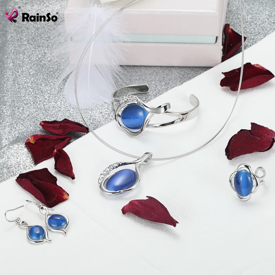 

Rainso Party Classic Blue Opal Jewelry Sets 2019 Hot Sale Wedding Gift Natural Cat's Eye Stone Crystal Healthy Magnetic Pendant