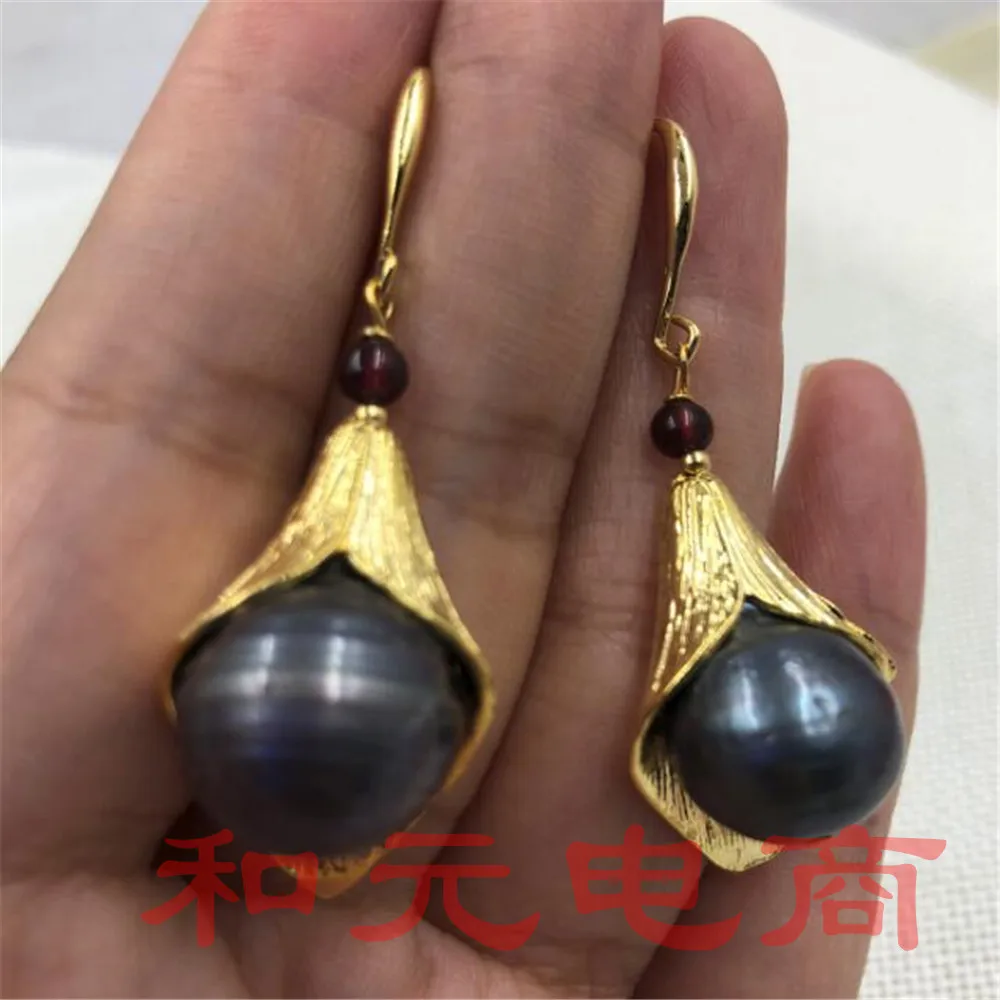 Серьги с барочным жемчугом большие черные серьги золотым крючком для вечеринки