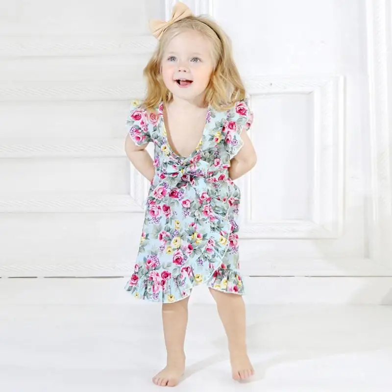

2pcs/set Kids Girls Bowknot Crop Tops Floral Print Ruffle Irregular Dress
