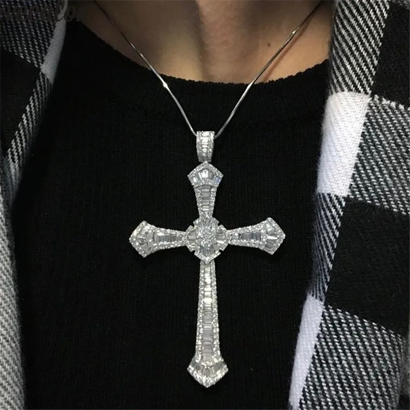 Vecalon Роскошная Длинная подвеска с большим крестом 925 пробы серебро 5А Cz каменный крест кулон ожерелье для женщин мужские вечерние свадебные украшения