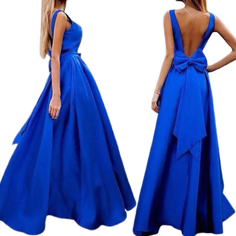 

Women Blue Dress Elegant V Neck A Line Prom Formal Party Gowns Dress