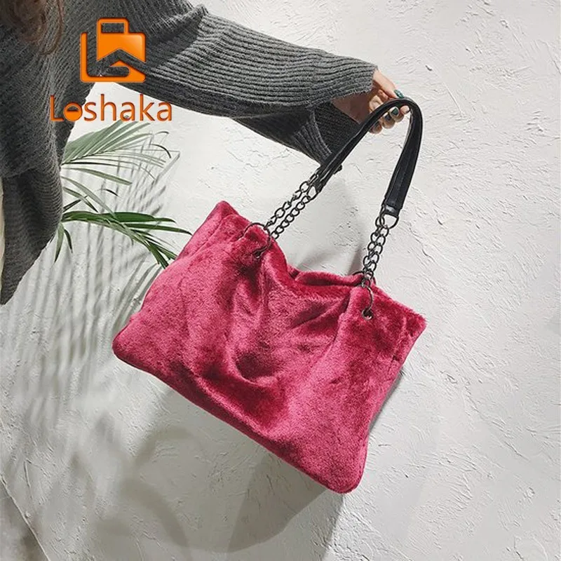 

Loshaka New Vintage Winter Women Plush Shoulder Bag Fashion Causal Women Totes Big Capacity Fur Soft LadIes' Top-Handle Bags