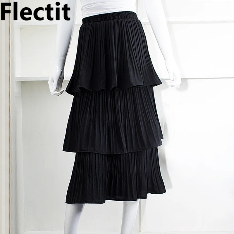 

Flectit Textured Chiffon Tiered Ruffle Skirt Women Solid Color Elastic Waist Pleated Triple Layer Long Skirt In Black / White