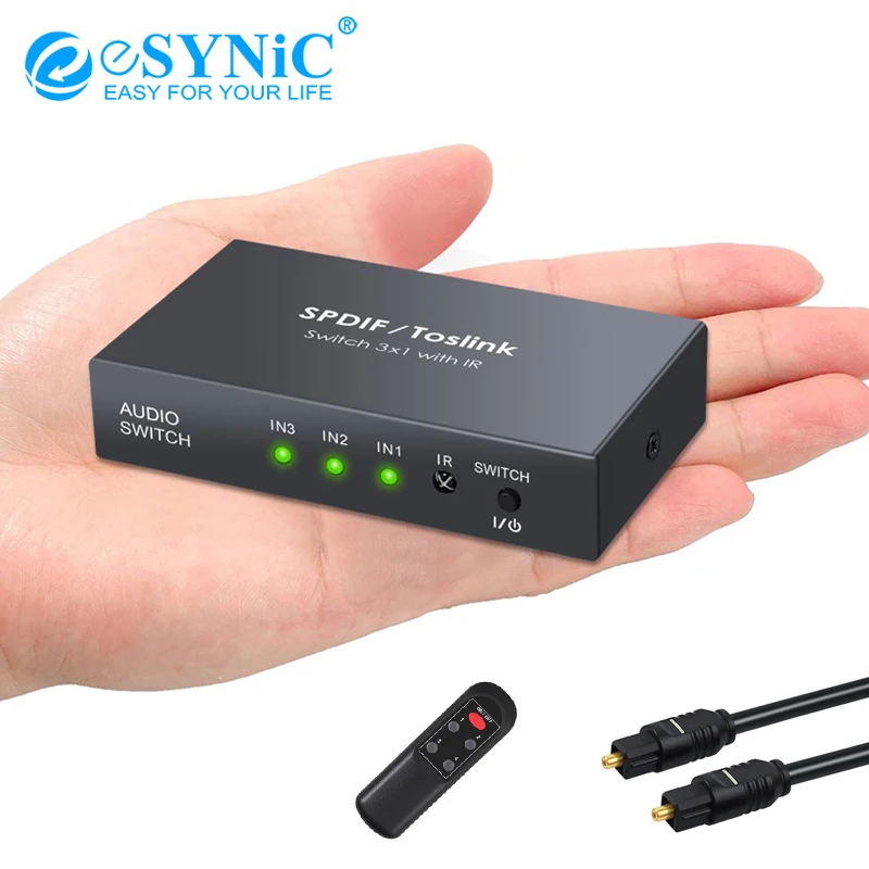 

eSYNiC Digital Optical Audio Switcher With IR Remote Control Supports PCM2.0 DTS Dolby-AC3 3x1 SPDIF Toslink Adapter Switchers