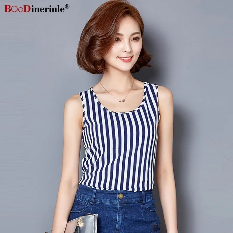 

BOoDinerinle Summer Tops Women 2019 Plus Size Sleeveless Camisoles Tops Chiffon Blue Striped Tanks Elegant Ladies Office Tops