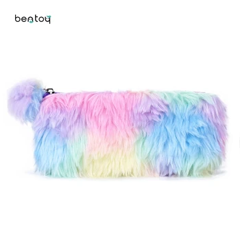 

Faux Fur Women Makeup Bag Small Cute Leather Cosmetic Case Girls Cartoon Handbag Zipper Plush Day Clutches Student Pencil Case