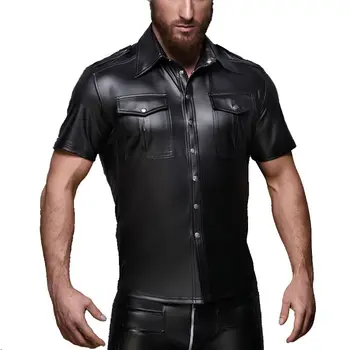 

Sexy Black Faux Leather Shirt Wet Look Stretch Undershirt Latex Shirt Men Novelty Short Sleeve Uniform Clubwear Stage Costume