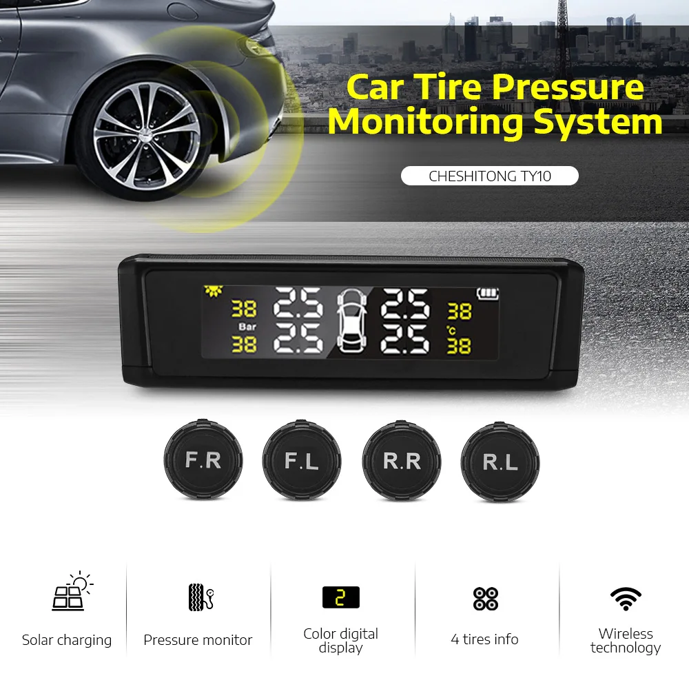 

Solar TPMS Car Tire Pressure Monitoring System Solar Power Charging Digital LCD Display External Sensor 4 External Sensor
