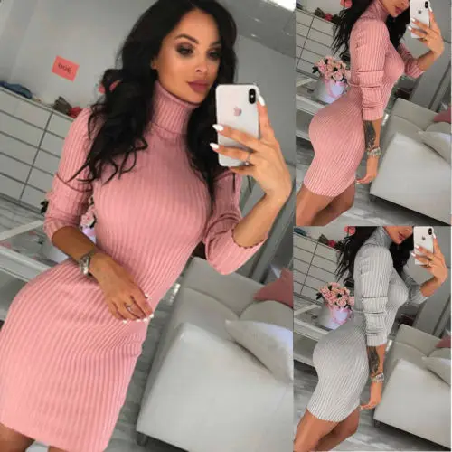 

Fashion Winter Women Knitted Ladies Casual Turtleneck Knitwear Solid Color Bodycon Long Sleeve Sweater Mini Dress Women Clothes