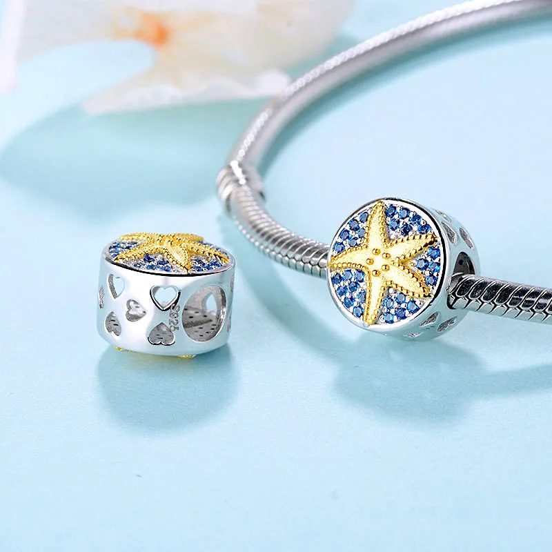 SG starfish charm with yellow Enamel charm bead 925 sterling silver Blue zircon charms for DIY charms Bracelet women gifts