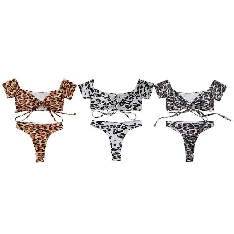 

Women Sexy Off The Shoulder Solid Swimwear Women Leopard Bikini Set High Waist Bandage Tube Top Bathing Suits