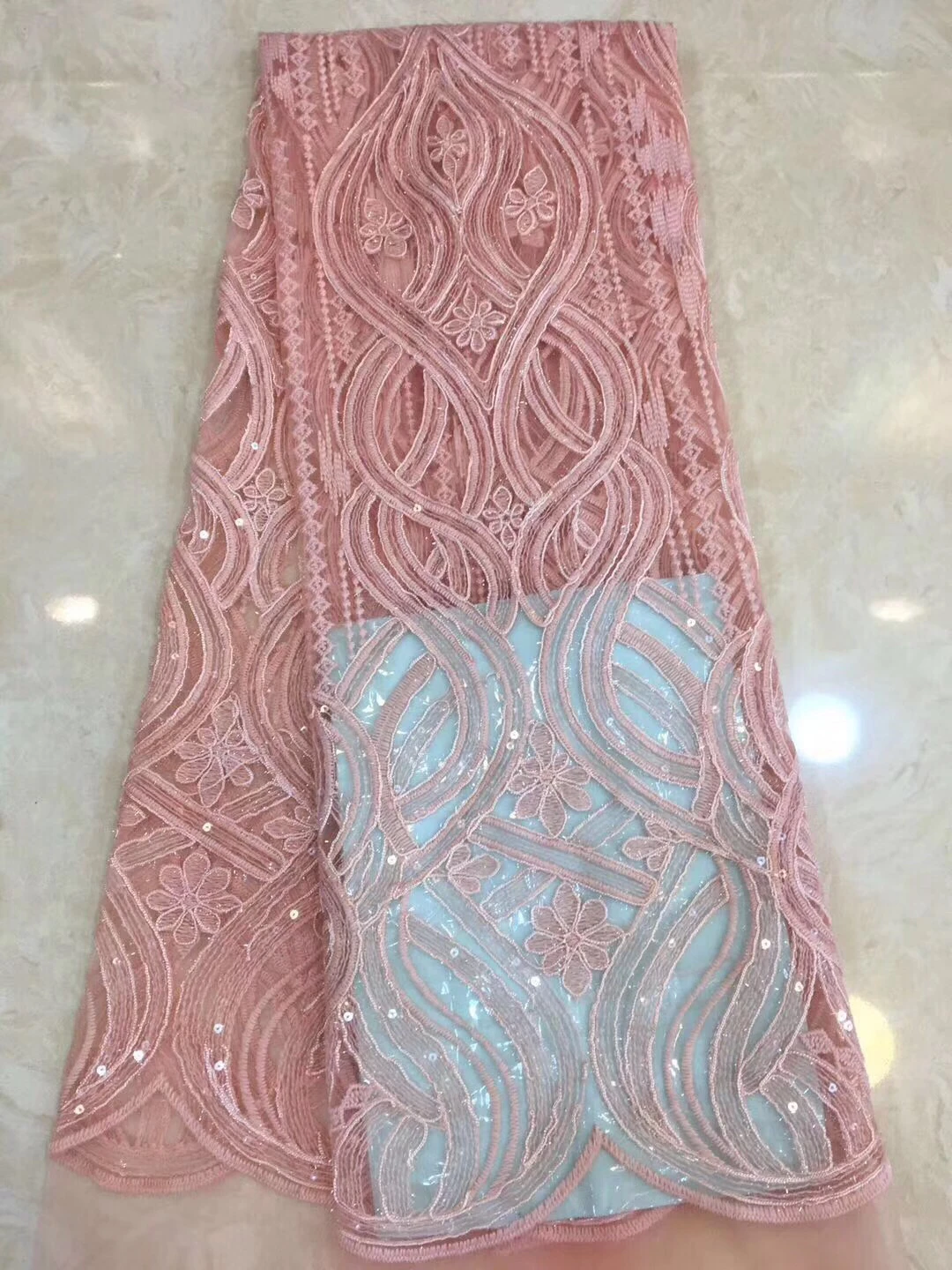 Pink Nigerian Sequins Lace Fabric 2021 High Qaulity Sequined Embroidered French Fabrics For African Wedding Party FJ2791 | Дом и сад
