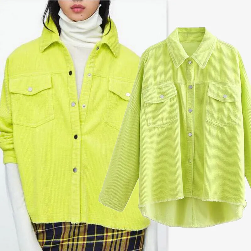 wonderful  2020 Spring Women Green Color Corduroy Jacket Loose Single Breasted Coat Fashion Button Down Tassel