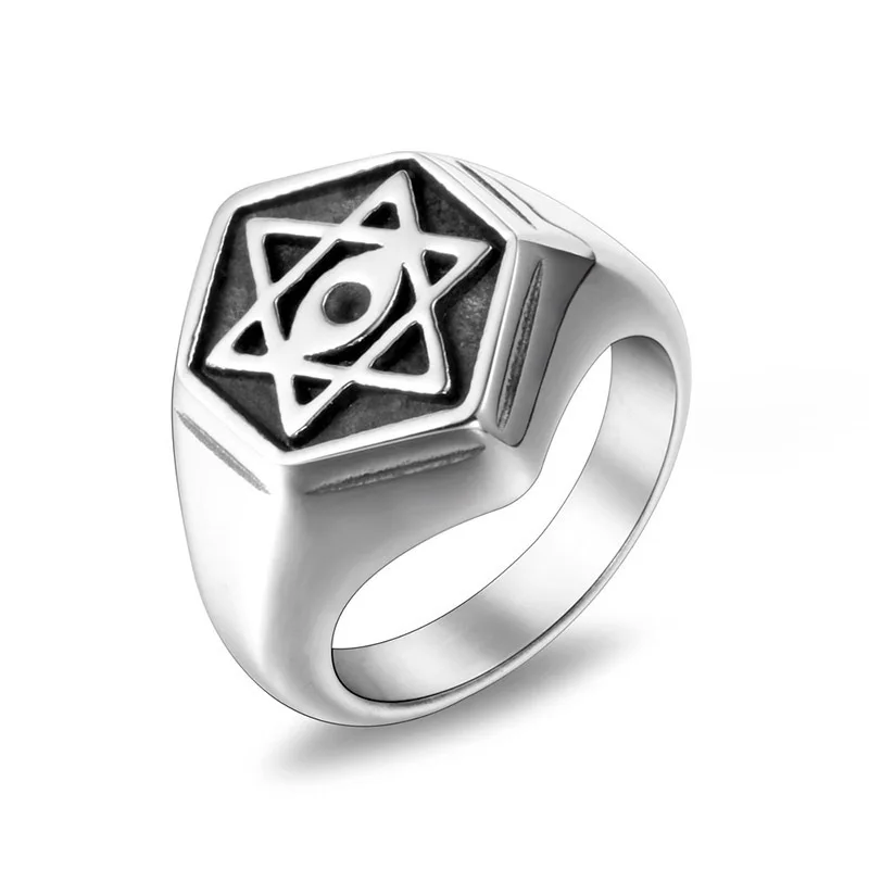 

Titanium 316L Stainless Steel Hexagon Punk Biker Ring Star Of David Ring For Men High Quality Polishing Never Fade Male Jewelry