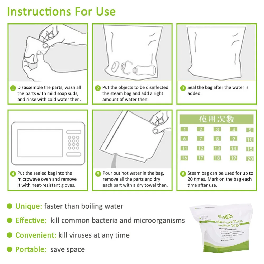 Новинка, 5 штук/посылка, быстрая очистка, сумка для бутылочки, Детская соска, дезинфекция, Паровая микроволновка, стерилизация Паром, полиэтиленовый пакет