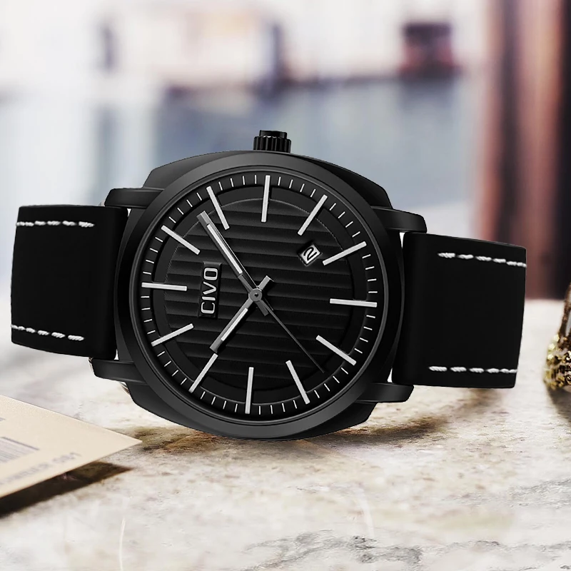 

CIVO 2019 Luxury Top Brand Mens Quartz Watches Military Waterproof Calendar Sport Watch Men Genuine Leather Wristwatches Clock