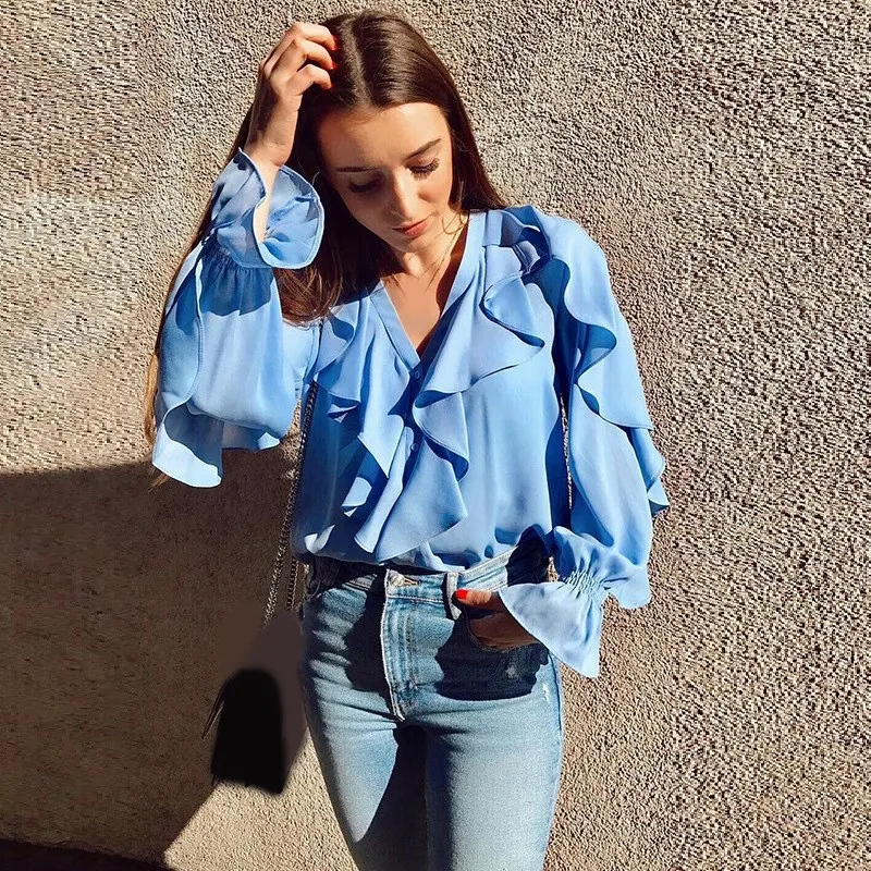 

Female Ladies Chiffon Blouses Women Fashion Long Sleeve Shirts Blouses Elegant V Neck Ruffles Tops