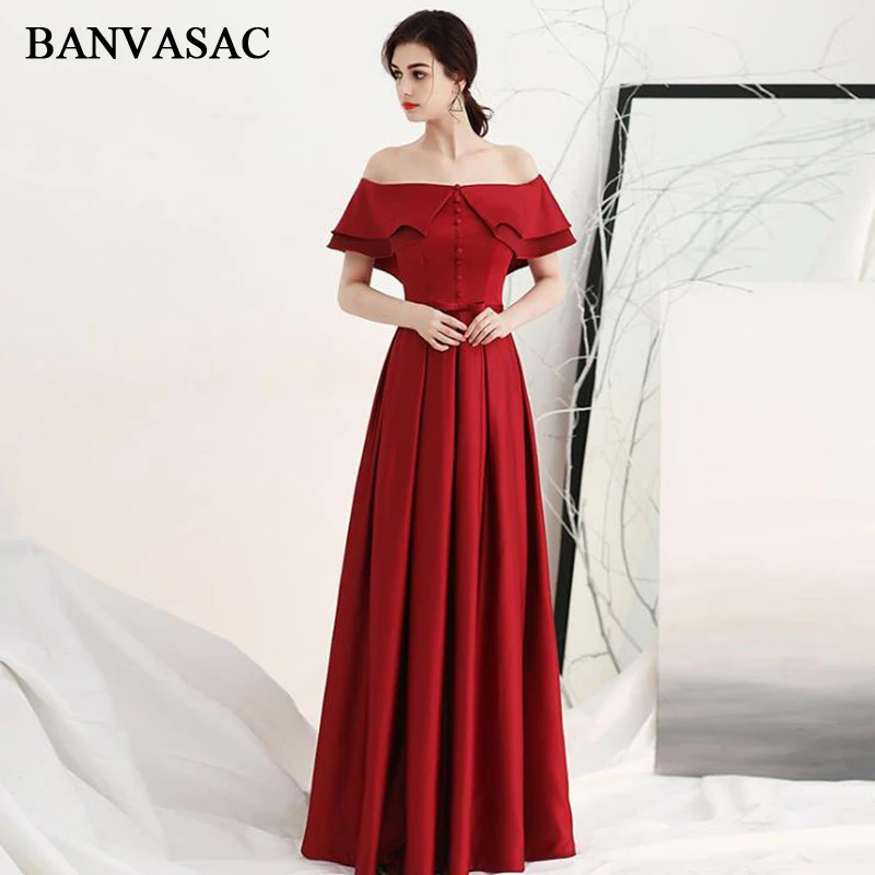 

BANVASAC Elegant Boat Neck Buttons A Line Long Evening Dresses Party Short Sleeve Bow Sash Backless Prom Gowns