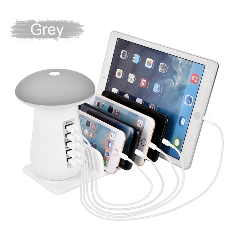 

Mushroom Night Lamp Charging Station Multi Port USB Charger Type C USB Dock QC 3.0 Quick Charger for Smart Phone and Tablet