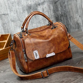 

LUYO Vintage Boston Rivet Genuine Leather Luxury Handbags Women Messenger Bags Designer Shoulder Bag Female Tote Bolsos Mujer