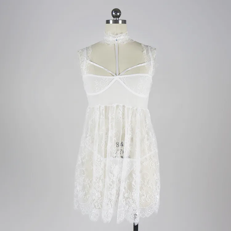 Oversized Sexy Lace Lingerie Plus Size Women Erotic Babydoll Costume Transparent Mesh Halter Dress Hollow Out Underwear Lenceria