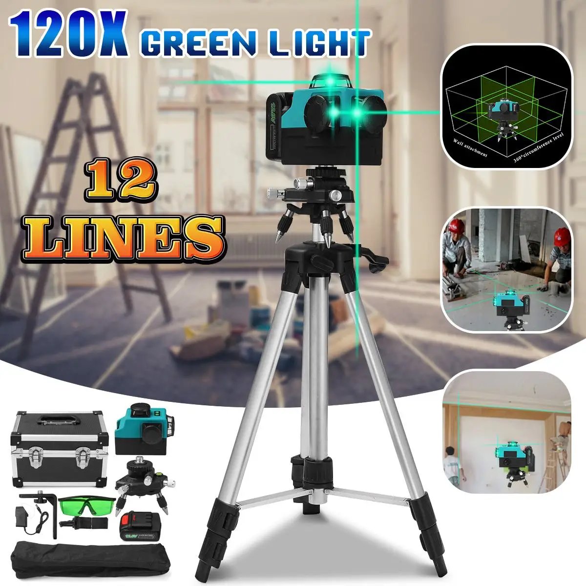 

100xStrong 12 Line Green Light 3D Laser Level 360 Vertical Horizontal Self Leveling Cross Laser Beam Line w/Tripod Stand Goggles