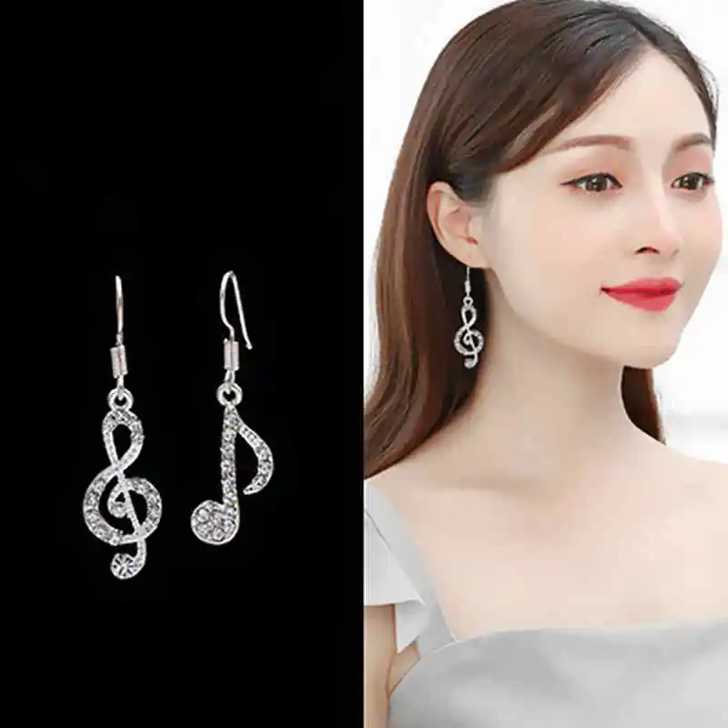 

Trendy Asymmetric Music Notes Ear Hook Crystal Silver Color Drop Earrings for Women Shiny Rhinestone Symbol Accessories Jewelry