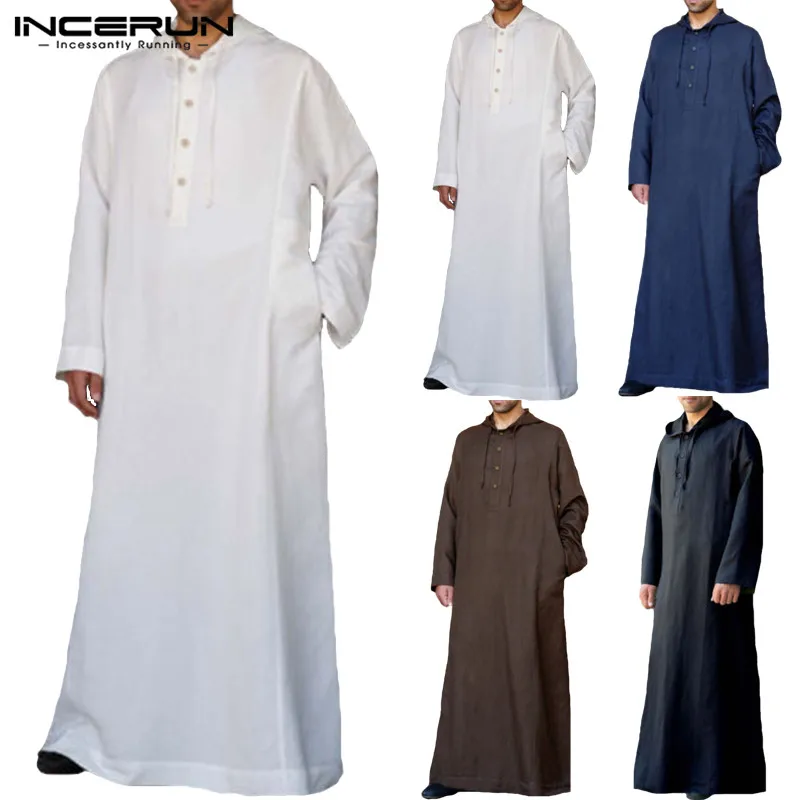 

INCERUN Muslim Islamic Arab Kaftan Men Long Sleeve Hooded Thobe Middle East Saudi Arabia Robe Jubba Thobe Men Muslim Clothes 5XL