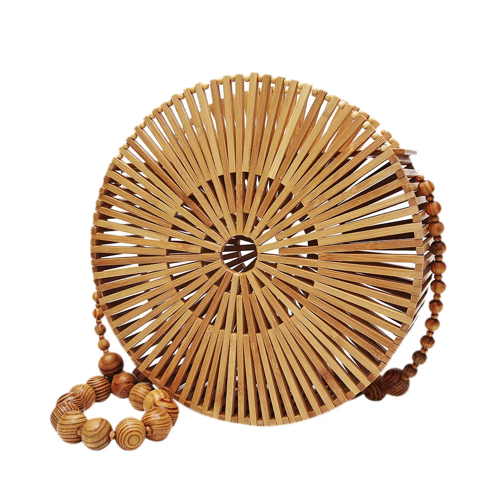 

Women's Round Summer Bamboo Bag With Round Beads Stripe Beach Bamboo Shoulder Bohemian Tote Bag Woman's Vacation Purse Tote Ba