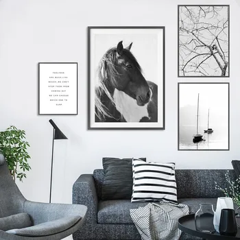 

SURE LIFE Modern Minimalist Horse Poster Black and White Photograph Boat Lake Feeling Canvas Paintings Wall Art Home Decor