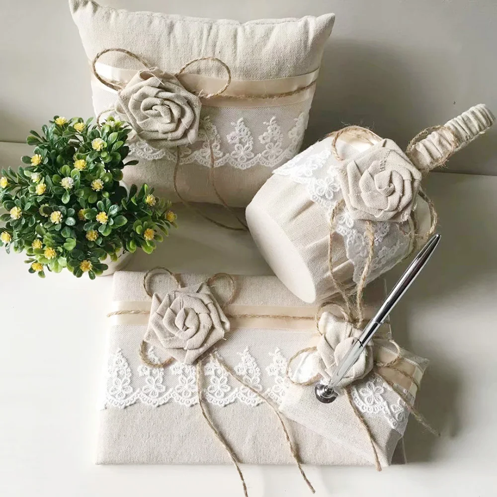 

5pcs/set Wedding Decoration Accessories Burlap Guest Kits Guest Book Silver Pen Flower Girl Basket Ring Pillow And Pen Holder