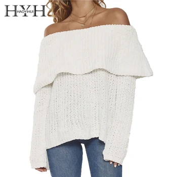 

HYH HAOYIHUI One-word Collar Ruffled Sexy Ins Style Strapless Long-sleeved Tops Simple Loose Wild Sweater