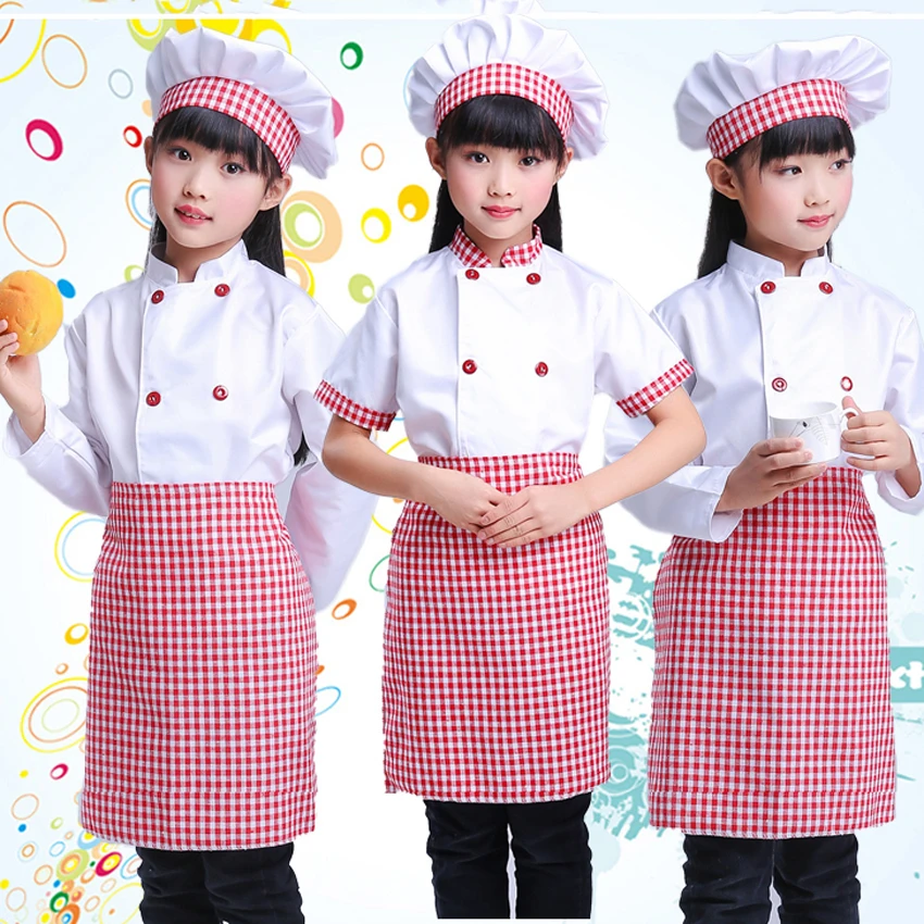 

2020 Children's Day Carnival Party Wear Kids Chef Uniform Shirt Apron with Cap Food Service Plaid Halloween Fancy Clothing