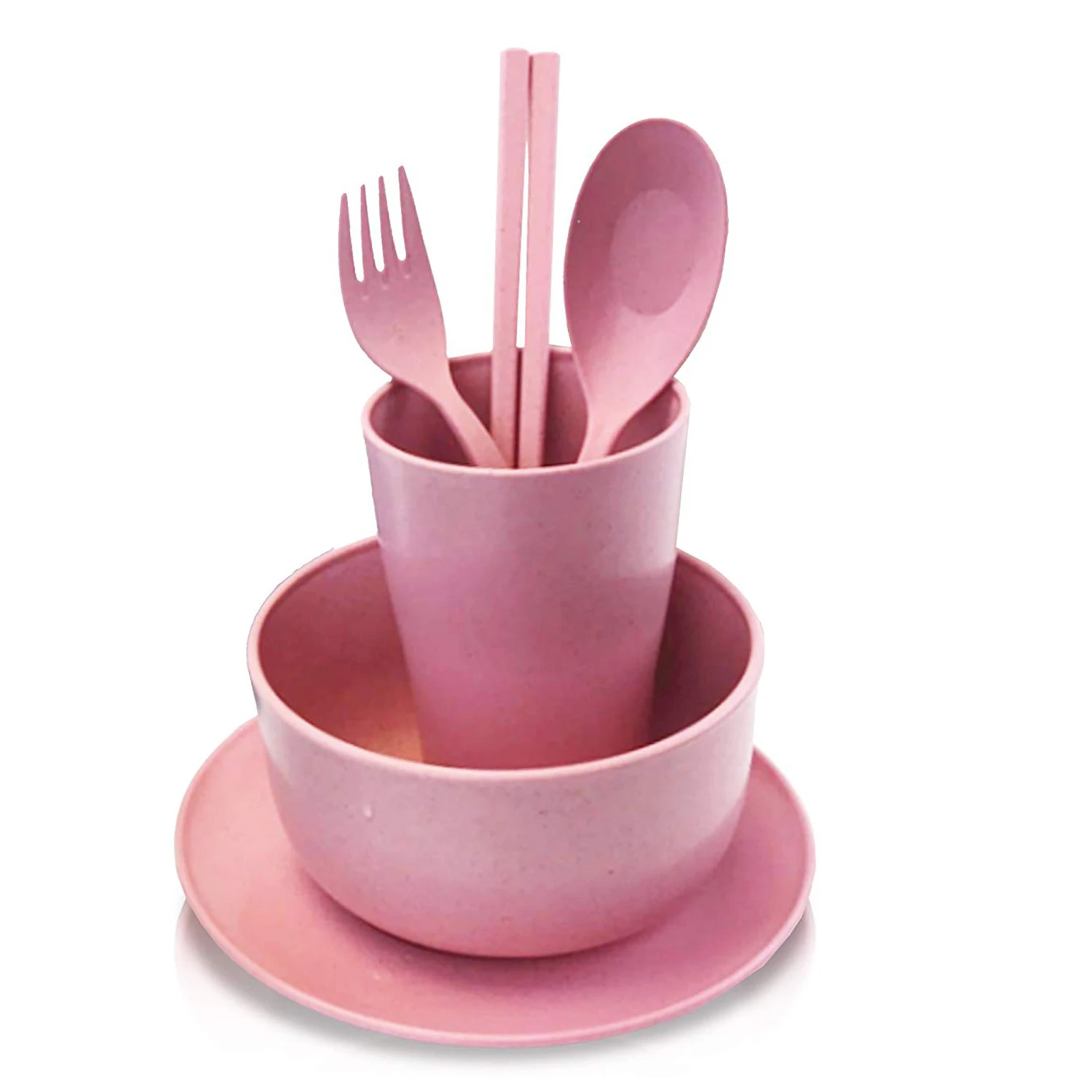 

Wheat Straw Dinnerware Sets Fiber Kid friendly Mealtime Tableware Pink Set with plate bowl cup spoon fork and chopsticks