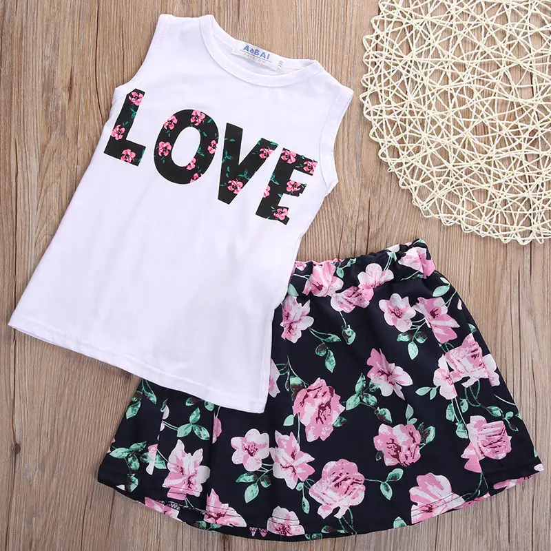 

Baby Kids Girls Print Dress Tank Vest Tops T-Shirt+Skirt Outfit Set Clothes