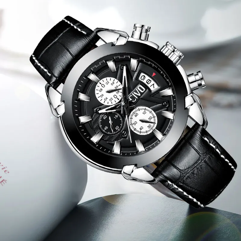 

Fashion Men's Sport Watch CIVO Waterproof Chronograph Calendar Analogue Casual Wrist Watch Genuine Leather Quartz Watch Clock
