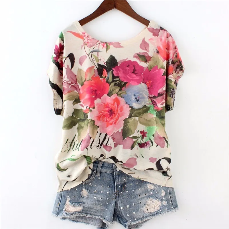 

Double-sided flower print slim t shirt women batwing sleeve loose fashion tops 2019 new arrivals