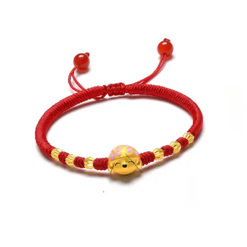 

Pure 24k Yellow Gold Unisex 3D Lucky Flower Dog Red Rope Weave Bracelet 6.3