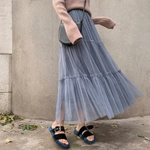 Летняя стильная юбка приподнятая Топ ни одна юбка-пачка средней длины Для женщин юбка из сетчатой ткани с завышенной талией до щиколотки плиссированная Однотонная повседневная обувь сладкий