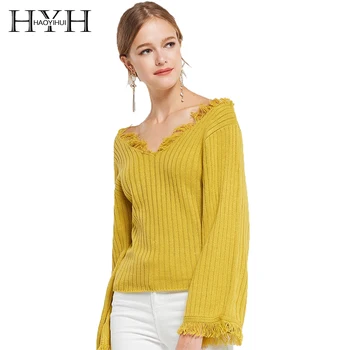 

HYH HAOYIHUI Slim-fit Version Of The Old Raw Trumpet Sleeves Slim V-neck Casual Long-sleeved Women's Sweater
