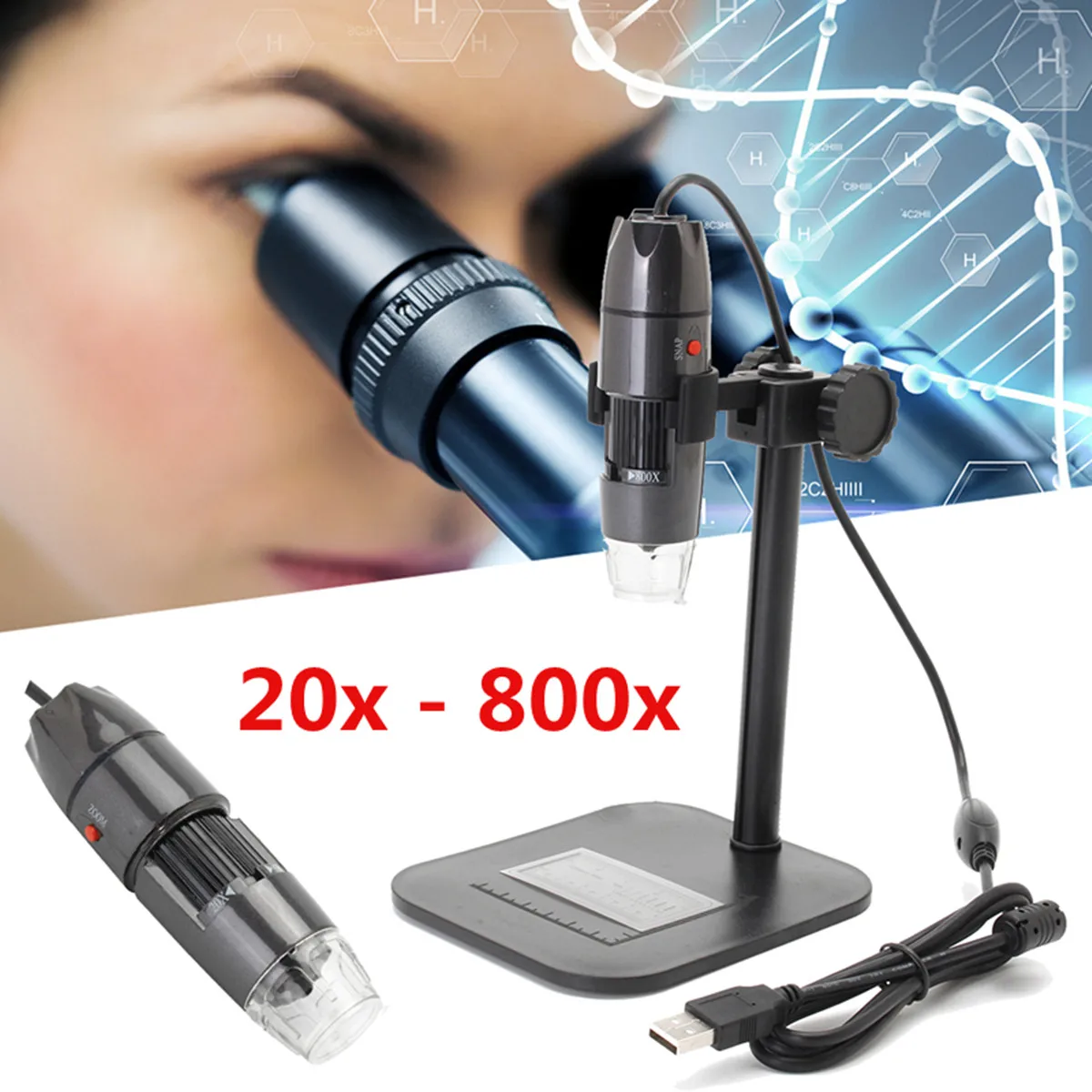 

Portable 20-800X USB Digital Microscope Magnifier Video Camera Endoscope Biological Zoom With Stand